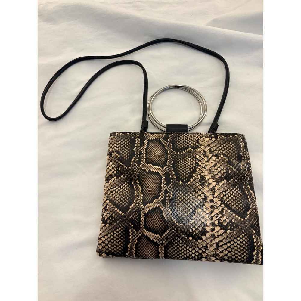 Thacker New York Snakeskin Print Ring Handle Crossbody Bag Brown Black Silver